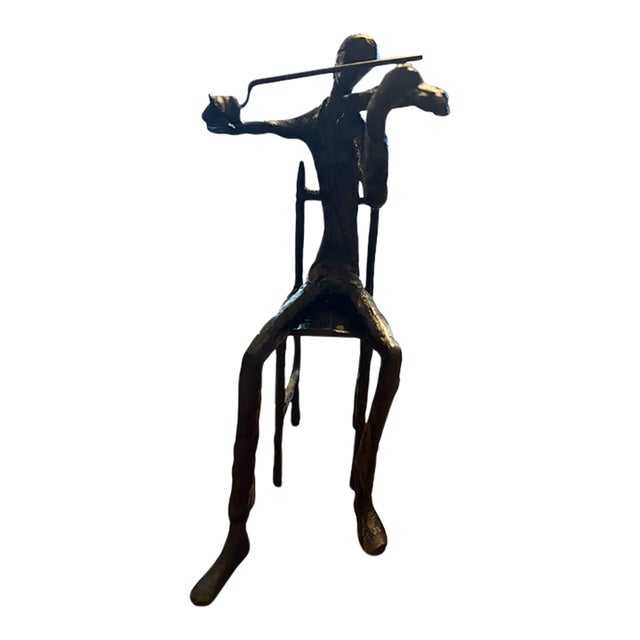 Vintage Mid-Century Metal Brass Seated Violinist Sculpture For Sale