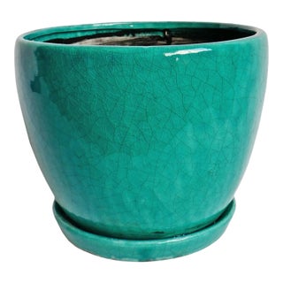 Vintage Turquoise Crackle Ceramic Pot For Sale