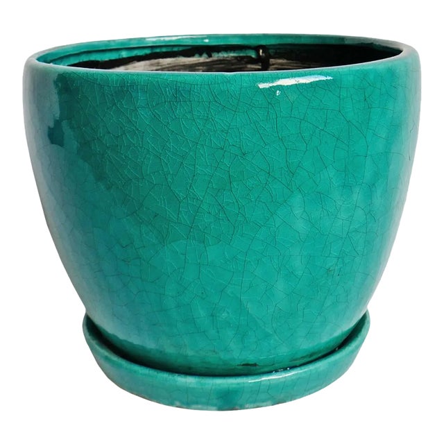 Vintage Turquoise Crackle Ceramic Pot For Sale