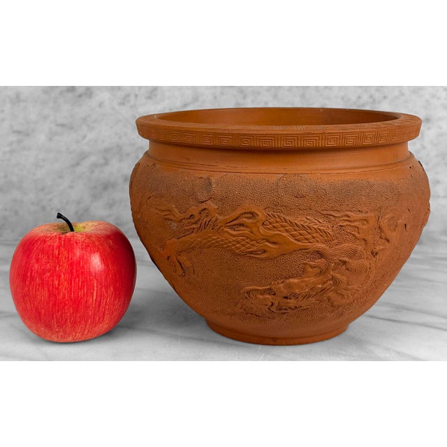 - Early 20th Century Japanese Redware Jardiniere - Unglazed Shudei Pottery with Traditional Dragon Motif - Attractive...