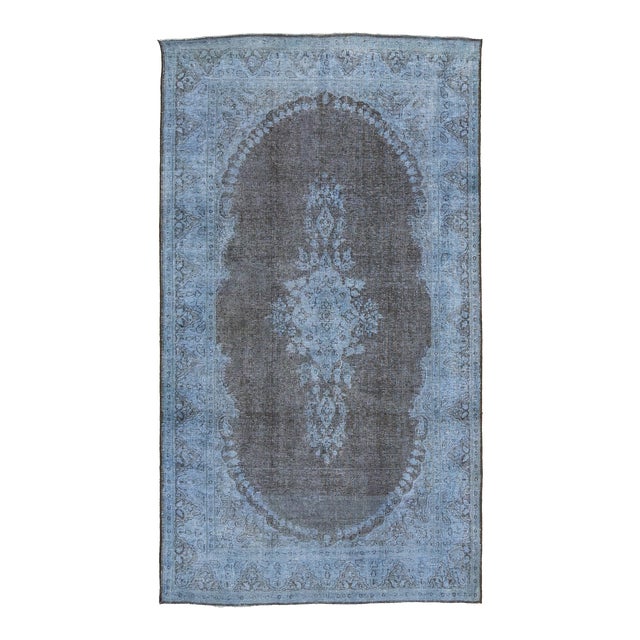 Handmade Blue and Gray Persian Overdyed Wool Rug With Rosette Motif 4 X 7 For Sale