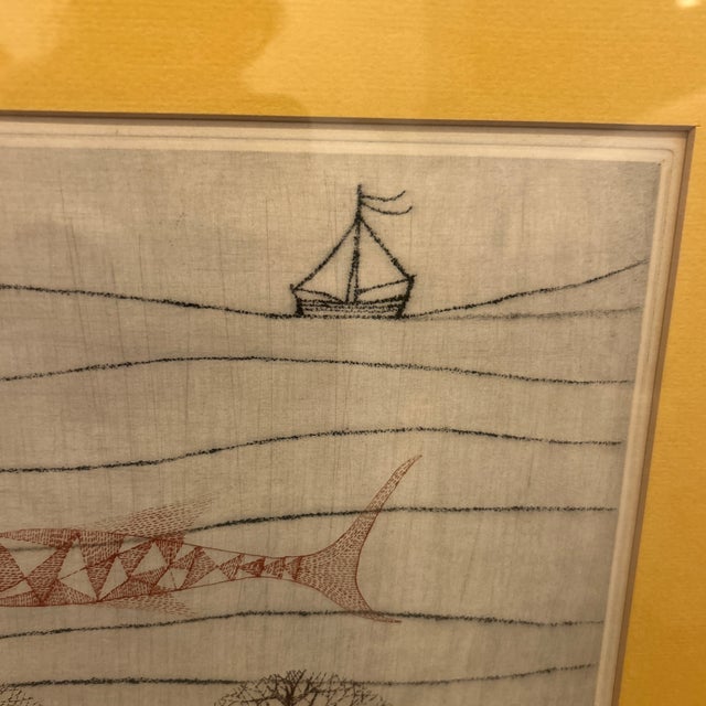 Gorgeous etching by Japanese artist Keiko Minami (1911-2004). This abstract work depicts a ship floating above the water...