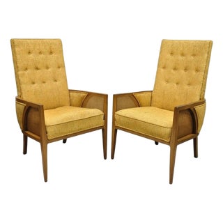 Mid Century Modern Hollywood Regency Sculpted Wood & Cane Lounge Chairs - Pair For Sale
