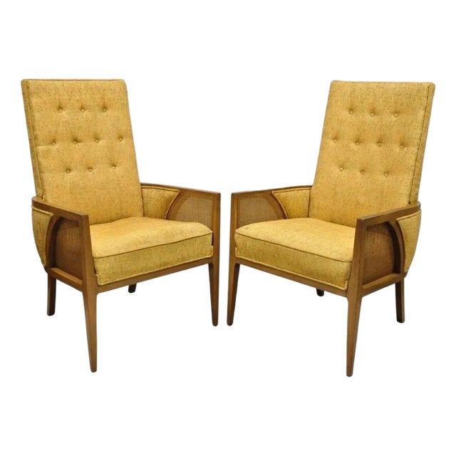 Mid Century Modern Hollywood Regency Sculpted Wood & Cane Lounge Chairs - Pair For Sale