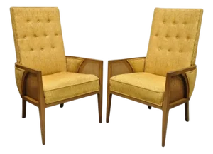 Mid Century Modern Hollywood Regency Sculpted Wood & Cane Lounge Chairs - Pair
