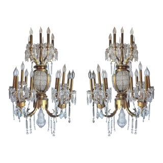 Monumental Hollywood Regency 43" French Style 17-Light Crystal Girandole Wall Sconces Gilt Brass a - Pair For Sale
