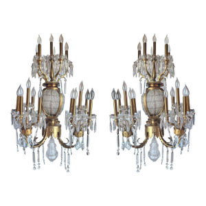 Monumental Hollywood Regency 43" French Style 17-Light Crystal Girandole Wall Sconces Gilt Brass a - Pair