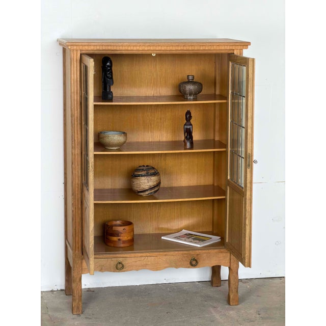 Mid-Century Modern Mid-Century Modern Danish Oak Display Cabinet with Leaded Glass Doors, 1960s For Sale - Image 3 of 14