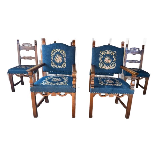 Early 20th Century Antique Renaissance Style Carved Walnut Dining Chairs, Set of 6 For Sale