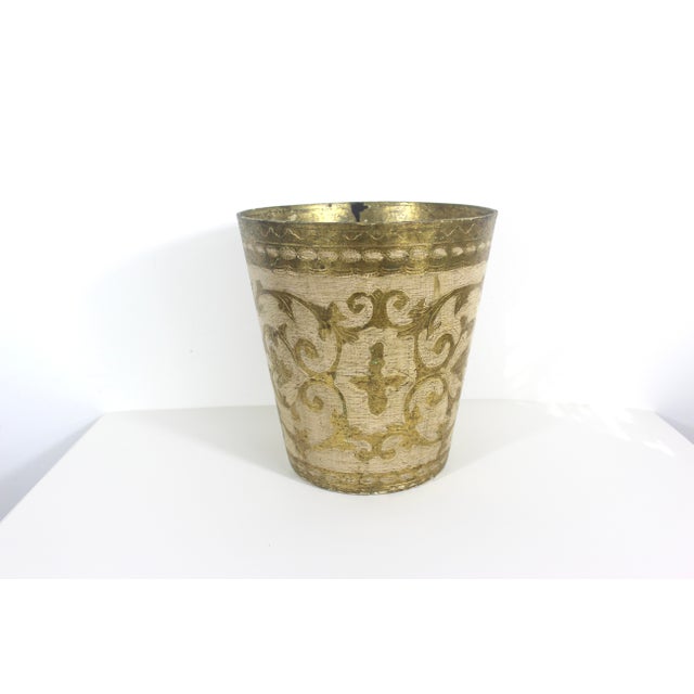 Gold Vintage Italian Florentine Gilded Gilt Wood Waste Basket Gold Antique White For Sale - Image 8 of 13