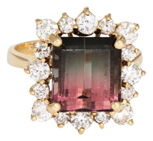 1980s 5.60ct Bi Color Tourmaline Ring Diamond 14k Yellow Gold Size 7 Emerald Cut Jewelry