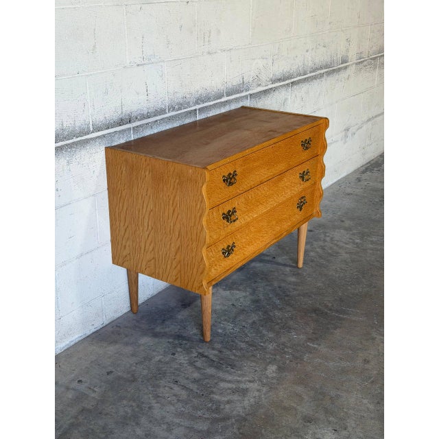 Mid-Century Modern Solid Oak Three-Drawer Dresser With Scalloped Side Panels Danish Mid-Century Modern 1970s For Sale - Image 3 of 11