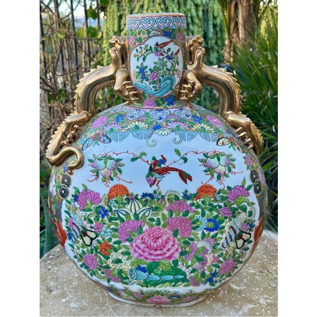 Large Antique 19th Century Chinese Famille Rose Porcelain Moon Flask with Gilt Dragon Handles – 20” Tall Description A...