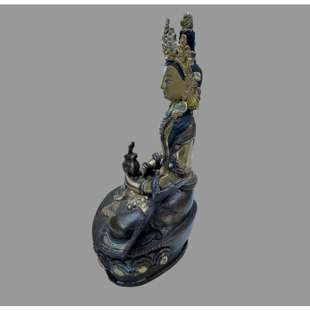 Brown Tibetan Gilt Bronze Amitayus Buddha Statue Turquoise Inlay Sealed 8” For Sale - Image 8 of 10