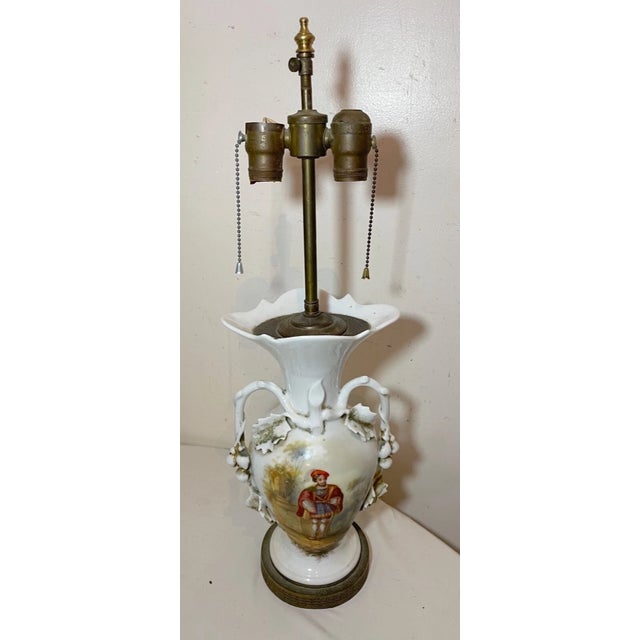 Brass Antique 1800's Hand Painted Figural Porcelain Brass French Electrified Vase Lamp For Sale - Image 8 of 11