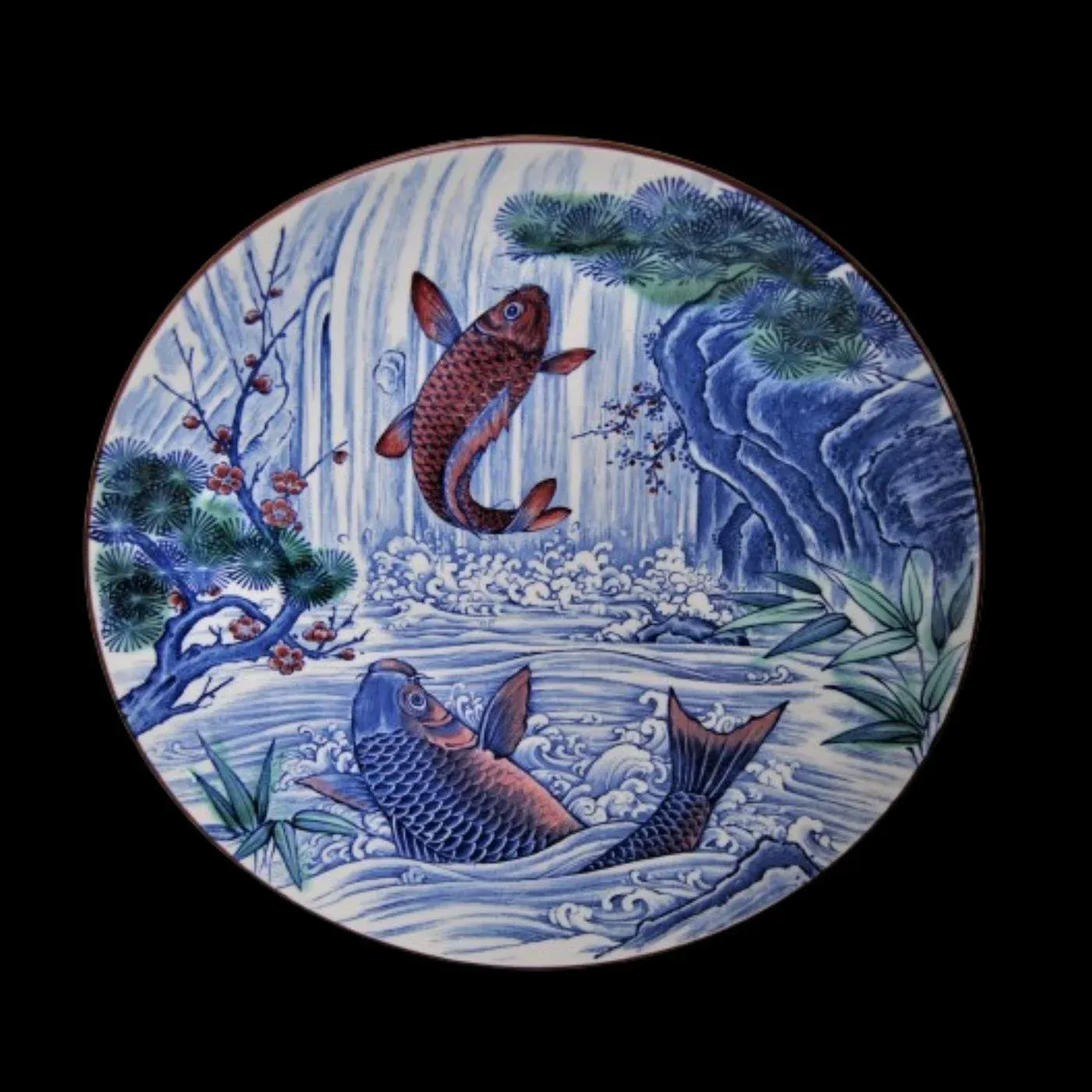 Japanese Platter Mino-Yaki Koi Fish Hand-Painted Decorative Large