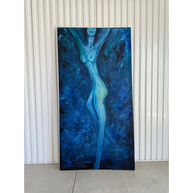 Figurative Oversized Blue Figural Female Nude Oil Painting, Signed M. Merritt 2004 For Sale - Image 3 of 6
