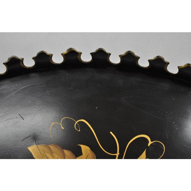 Metal Vintage French Country Black and Gold Hand Painted Oval Toleware Serving Tray For Sale - Image 7 of 15