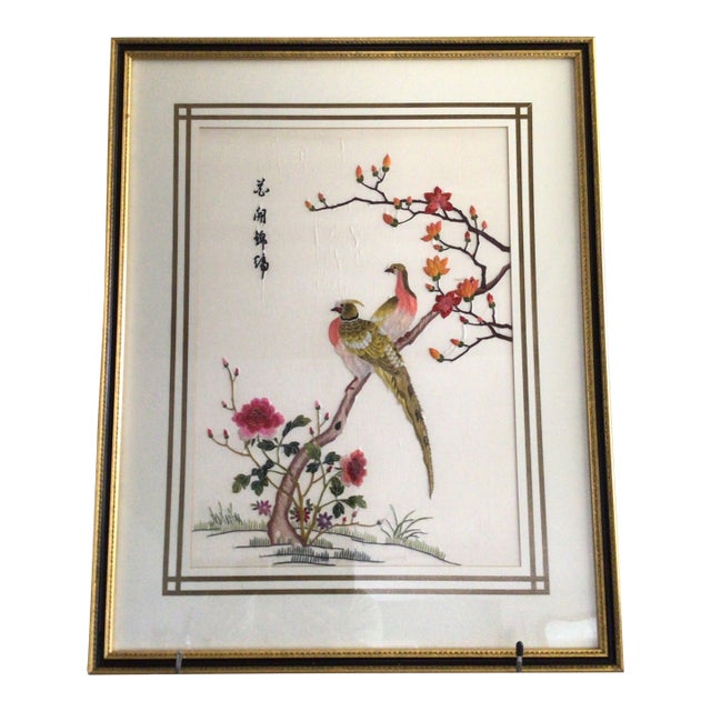 1930s Asian Silk Embroidery Panel Featuring Fairy Birds, Peonies For Sale