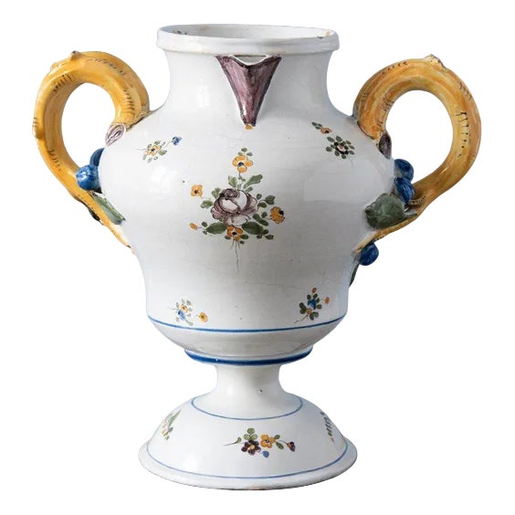 French Floral Faience Double-Handle Vase, 18th Century For Sale