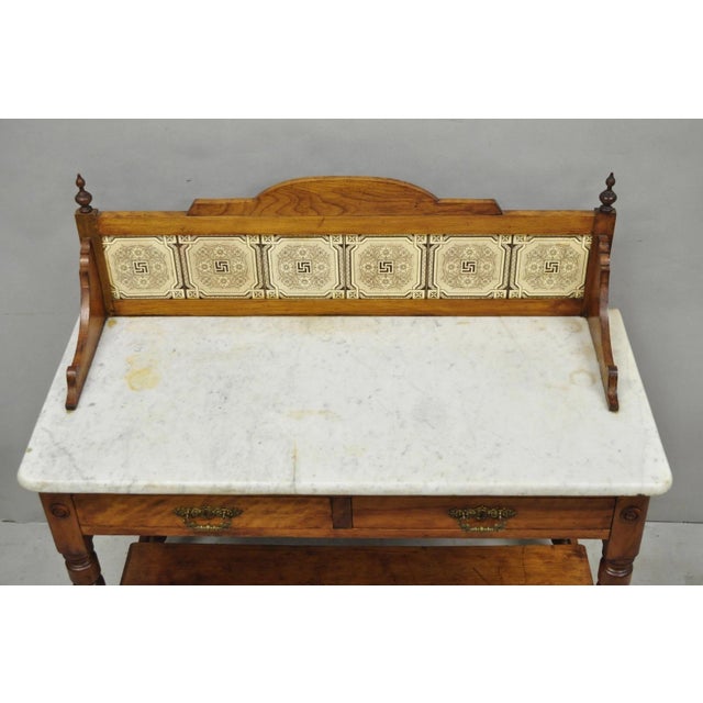 Victorian Antique Victorian Walnut Marble Top Washstand Good Luck Swastika Tile Backsplash For Sale - Image 3 of 18