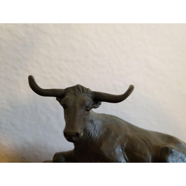 1980s Signed Bronze “Range Baron” Longhorn Sculpture on Wood Base For Sale - Image 5 of 12