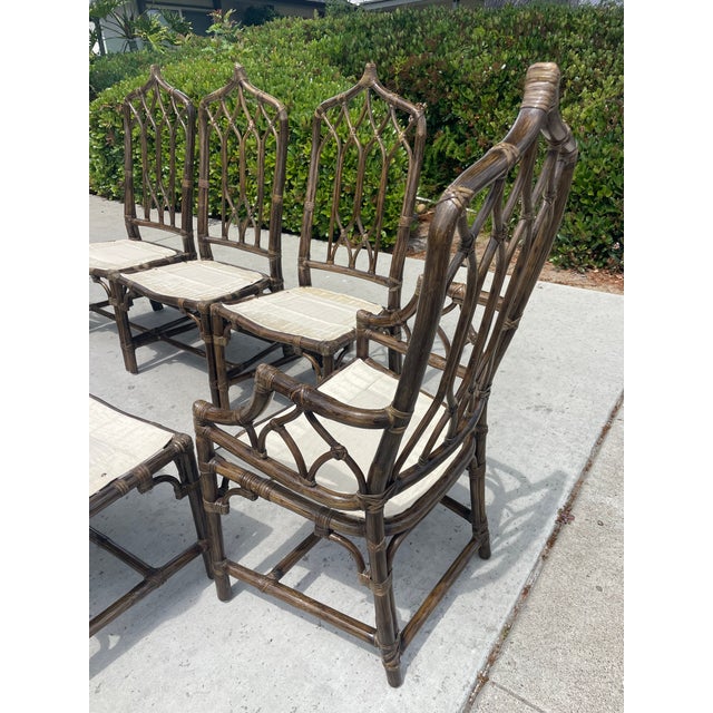 McGuire Authentic McGuire Vintage Rattan Cathedral Gothic Dining Chairs, a Set of 8 For Sale - Image 4 of 11