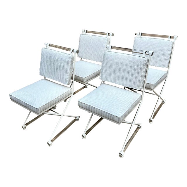 Mid 20th Century Attributed to Cleo Baldon X-Form Chairs Restored with Acrylic Dowels and Sunbrella Upholstery - Set of 4 For Sale