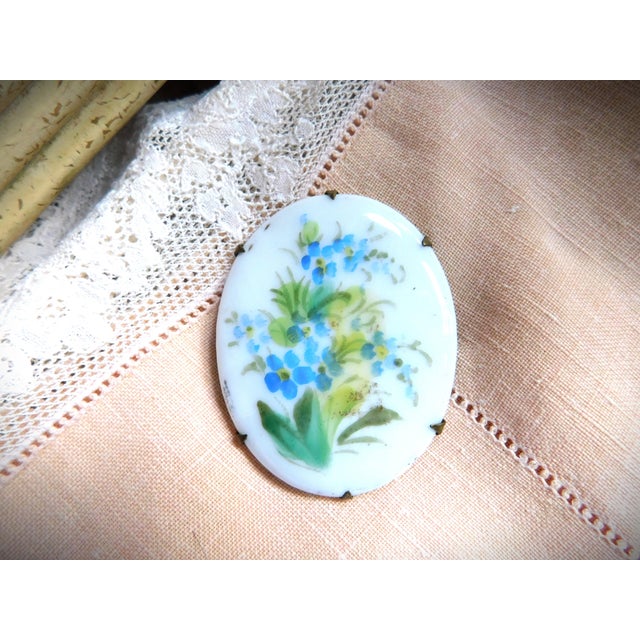Antique Art Nouveau 1910 Hand-Painted Blue Dogwood Flower Porcelain Brooch For Sale - Image 11 of 11