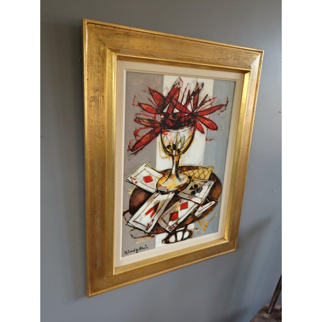 Mid-Century Modern 'Red Blooms & Cards' Vintage Swedish Expressive Original Still Life Oil Painting, Framed For Sale - Image 4 of 12