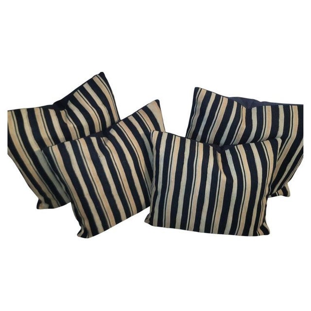 Set of four 19thc Striped Blue and White striped Linen Pillows with blue line backings.The inserts are down & feather...