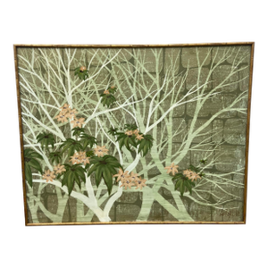 Mid Twentieth Century Original Lee Edward’s Oversized Flower and Branch Oil Painting With Faux Bamboo Gold Frame