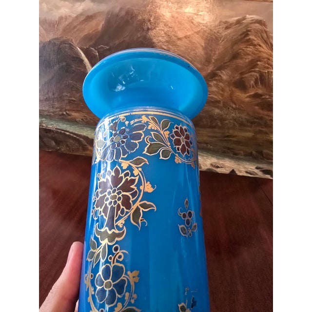 Late 19th Century Antique Baccarat Attributed Pr Opaline Vases Turquoise For Sale - Image 5 of 10