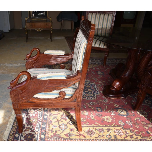 Vintage Carved Dining Set Table 4 Chairs Glass Top, Koi/Fish Swan Carved Dining Set Table- Set of 6 For Sale - Image 9 of 12
