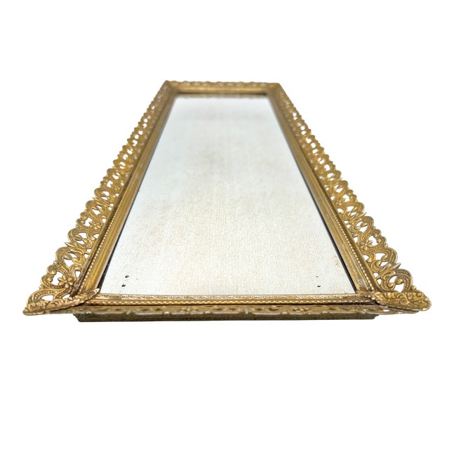 Vintage Hollywood Regency Gold-Tone Filigree Mirrored Vanity Tray - Ornate Filigree Edge – Glam / Rococo Revival / Mid-Century For Sale - Image 9 of 13