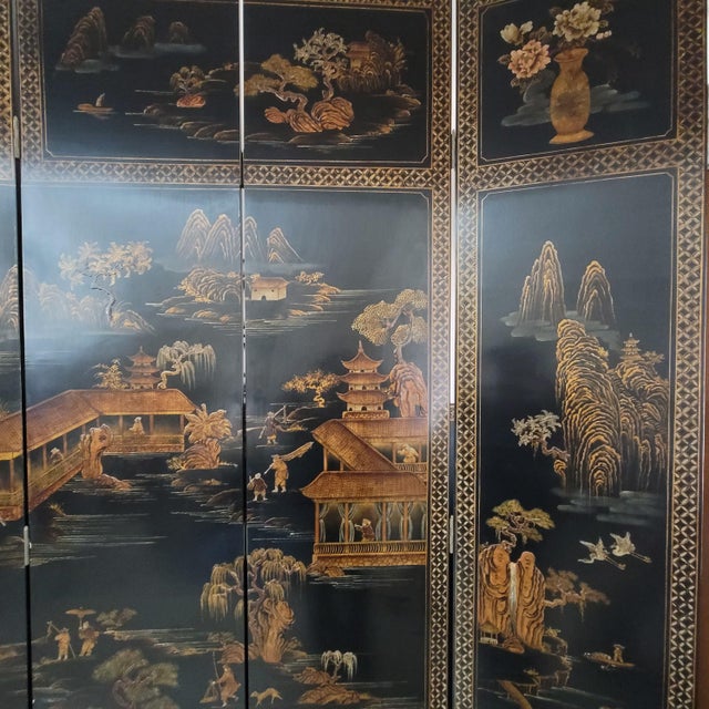 Chinese Early 20th Century Chinese Export Coromandel Six-Panel Folding Screen With Gilded and Hand Painted Chinese Daily Life For Sale - Image 3 of 15