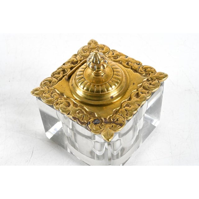 Antique Rococo Style Square-Cut Crystal and Brass Inkwell For Sale - Image 4 of 7