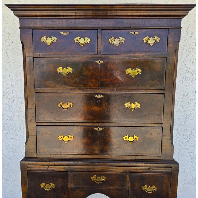 Queen Anne Antique Walnut Highboy Dresser Desk With Pullout Writing Surface For Sale - Image 3 of 18