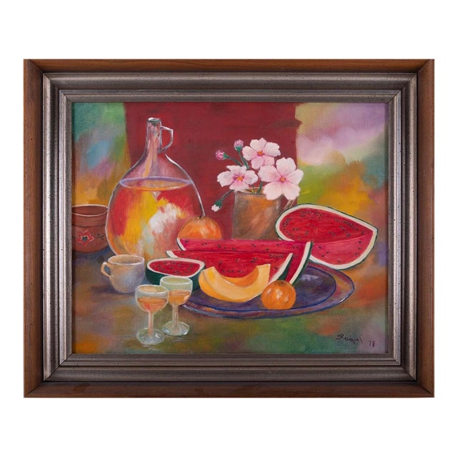 Vintage Original Fruit Wine Still Life Vivid Mid Century Signed and Framed Oil Painting For Sale