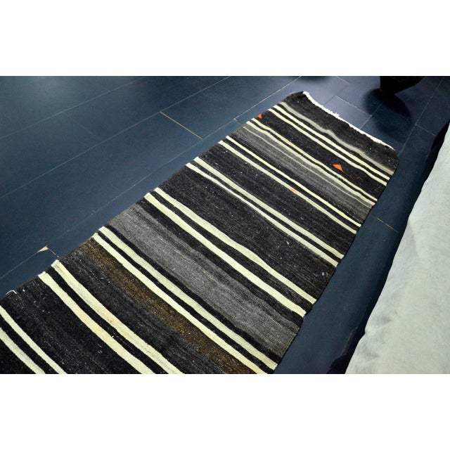 Tribal Vintage Tribal Turkish Black Kilim Runner Rug For Sale - Image 3 of 11