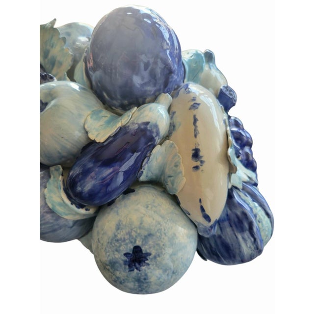 Traditional Vintage Italian Majolica Style Blue and White Ceramic Fruit Bowl Room Decor Basket For Sale - Image 3 of 7