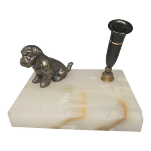 Antique Scottie Dog Spelter / Cast Iron Onyx Marble Base Pen Holder Sculpture