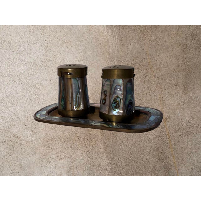 Shell Vintage Mexican Abalone & Brass Salt and Pepper Set With Tray For Sale - Image 7 of 10
