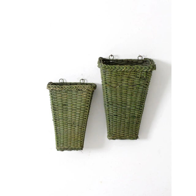 Farmhouse Vintage Green Wicker Wall Baskets Pair For Sale - Image 3 of 11
