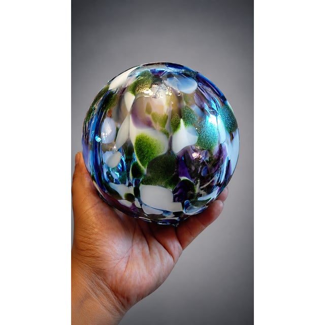 Contemporary Pyromania Oregon Float Hand Blown Art Glass Orb Ball Paperweight Blue Green Purple Studio Glass Sculpture Coastal Decor Gift 4.5" For Sale - Image 3 of 9
