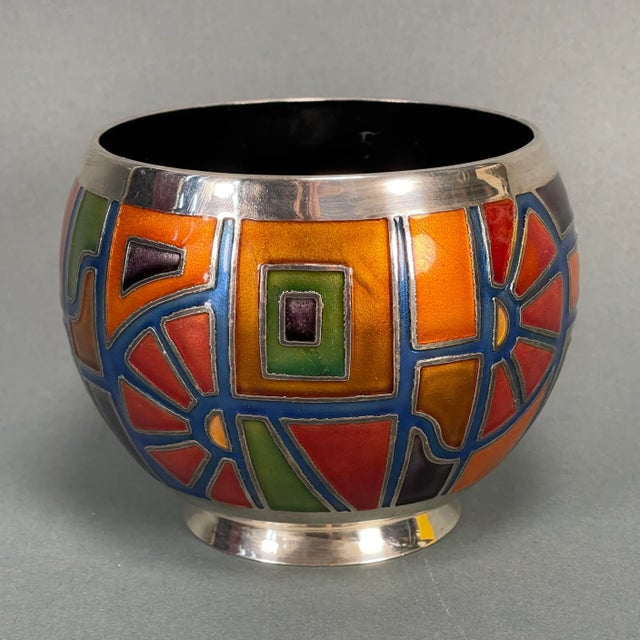Super rare, signed Miguel Pineda silver plated champleve enamel vase decorated with a beautiful mid-century inspired...