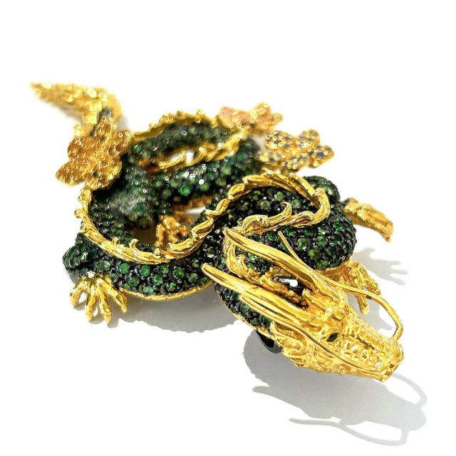 Bochic Dragon Vintage Sapphire & Tasvorite Brooch Set In 18K Gold & Silver For Sale In New York - Image 6 of 18