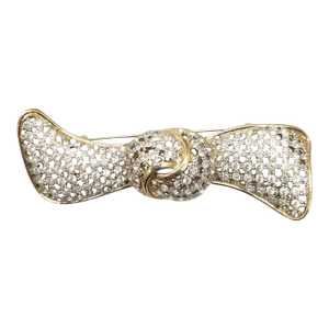 Vintage 1980s Signed Valentino Goldtone Clear Rhinestone Bow Brooch