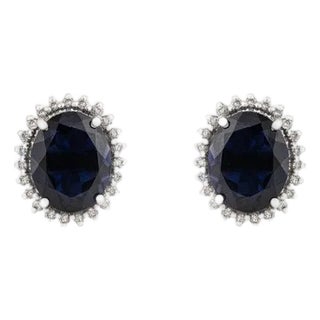 4 Carat Blue Iolite Gemstone Diamond Halo Stud Earrings in Silver- 2 Pieces For Sale