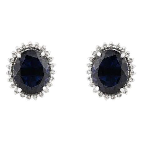 4 Carat Blue Iolite Gemstone Diamond Halo Stud Earrings in Silver- 2 Pieces For Sale